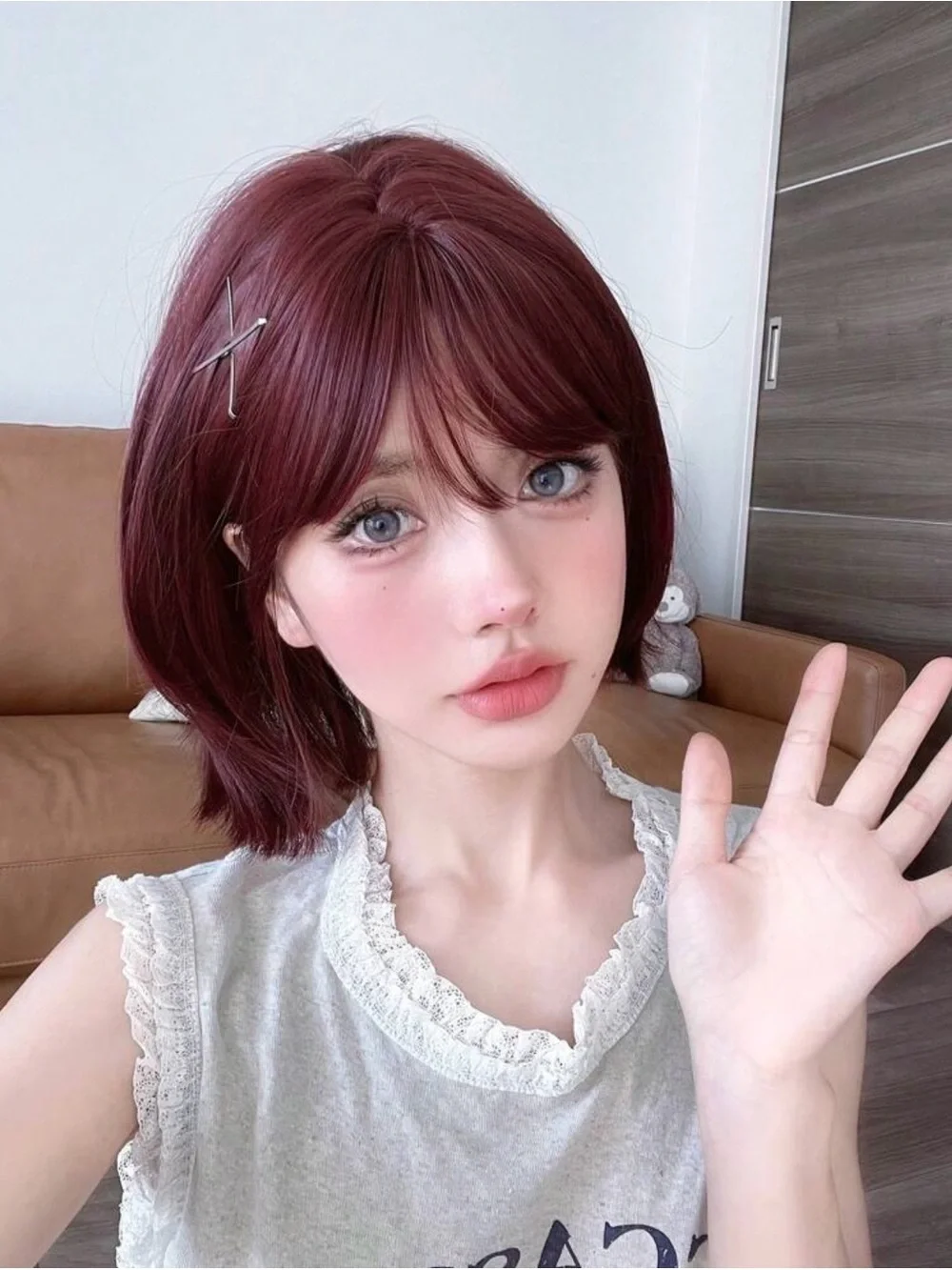 Heat Resistant Burgundy Bob Wig with Bangs 12”